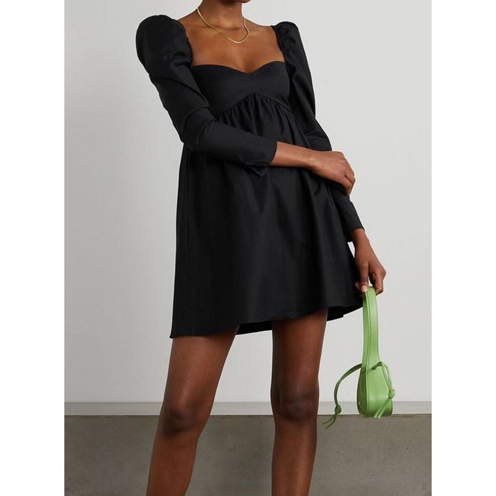 Reformation Black Kenzi stretch Organic Cotton Puff Sleeve Mini Dress Size 2